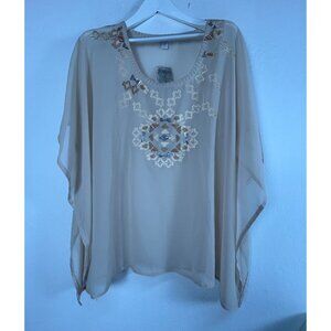 Chico's Womens Sheer Crafty Embellished Poncho Blouse Top L/XL Neutral Beige New